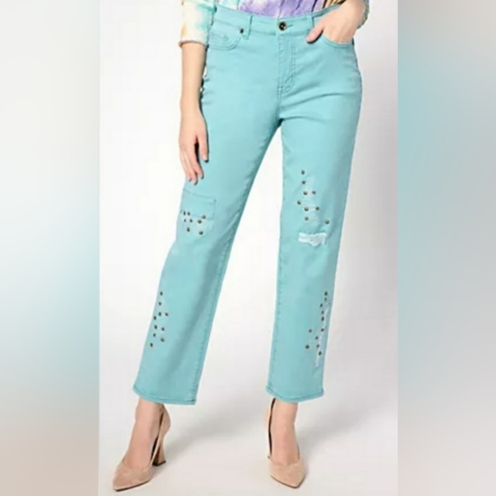 LOGO by Lori Goldstein Light Teal Blue Distressed Straight Leg Jeans size 16